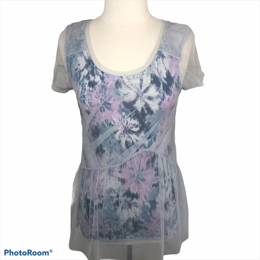 Meadow Rue Sheer Overlay Tie-Dye Scoop Neck Top in Lavender and Gray